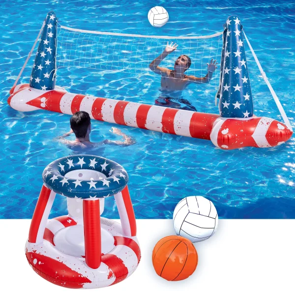 Inflatable Volleyball Set, Pool Games Outdoor Child Area Volleyball Net And  Basketball Hoop Floating Skill Games With Balls