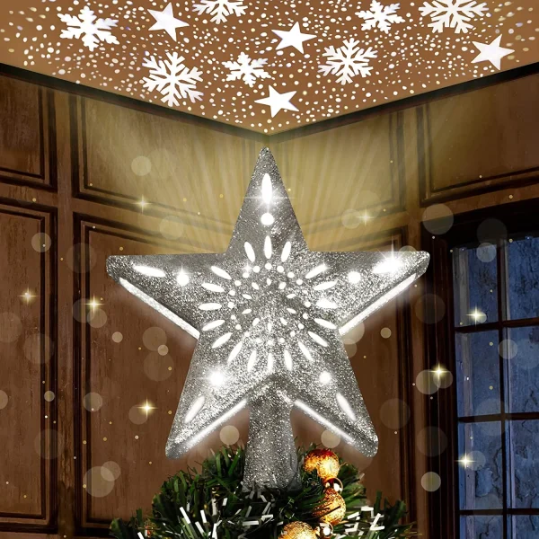 OurWarm 3D Glitter Star LED Christmas Tree Topper White