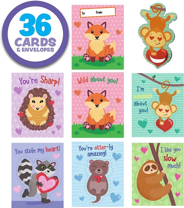 36Pcs Valentines Gift Cards With Cute Animal Bookmarks
