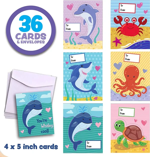 36Pcs Kids Valentines Cards With Sea Animal Bookmarks-Classroom Exchange Gifts