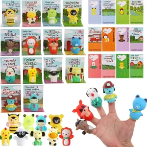 28Pcs Kids Valentines Cards with Animal Finger Puppet Toys-Classroom Exchange Gifts