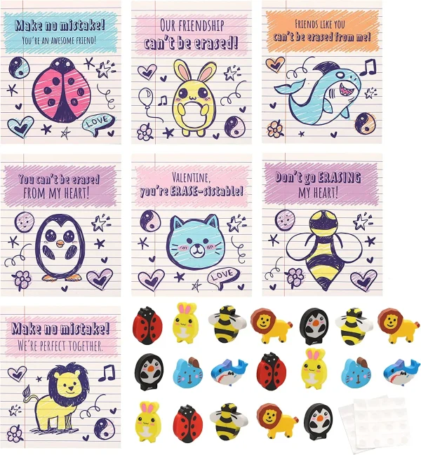 28Pcs Kids Valentines Cards with Animal Eraser Set-Classroom Exchange Gifts