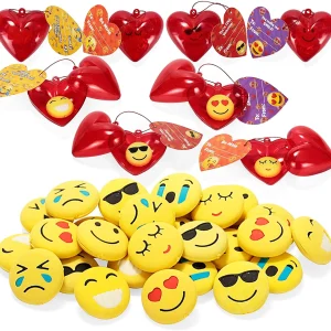 28Pcs Emoji Eraser Filled Hearts Set with Valentines Day Cards for Kids-Classroom Exchange Gifts