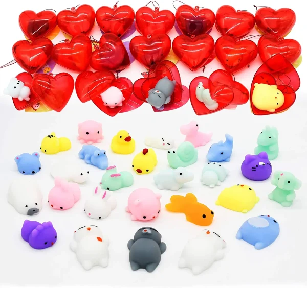 28pcs Mochi Squishy Toys Filled Hearts with Kids Valentines Cards