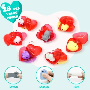 28pcs Valentines Mochi Squishies Filled Hearts with Valentines Day Cards for Kids-Classroom Exchange Gifts