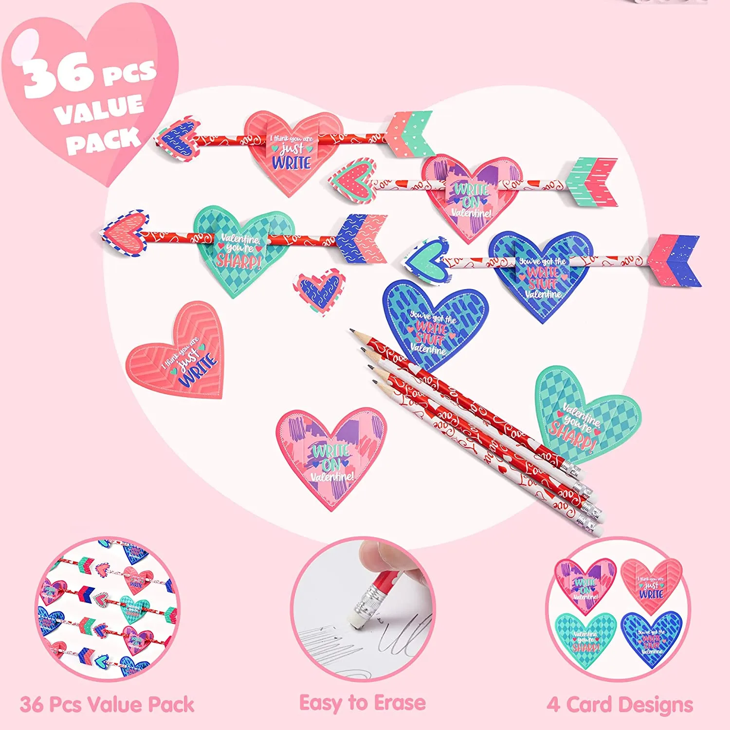 JOYIN 36 Pack Valentines Day Gift Cards with Gift Cupid's Arrow Pencil Set for Valentine Classroom Exchange Prizes Party Favors