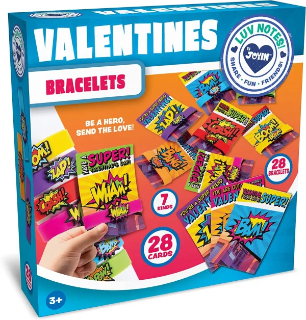 28Pcs Kids Valentines Cards With Rubber Slap Bracelets-Classroom Exchange Gifts