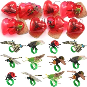 28Pcs Prefilled Hearts with Insects Rings and Valentines Day Cards