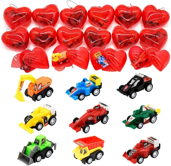 28Pcs Prefilled Hearts with Pullback Cars and Valentines Day Cards for Kids-Classroom Exchange Gifts