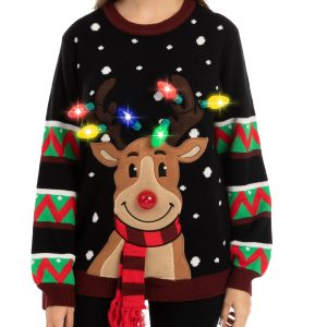 Black Reindeer Ugly Sweater With Light Bulbs For Women