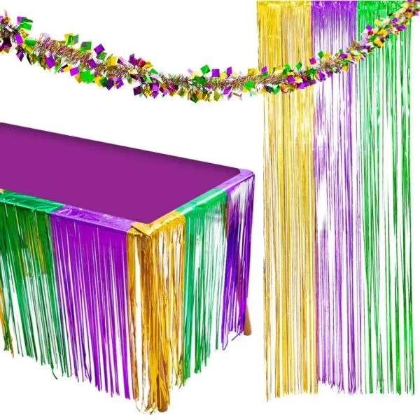 Mardi Gras Fringe Curtains Table Skirt with Garland