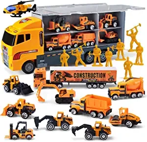 11Pcs Diecast Construction Vehicles with Carrier Truck
