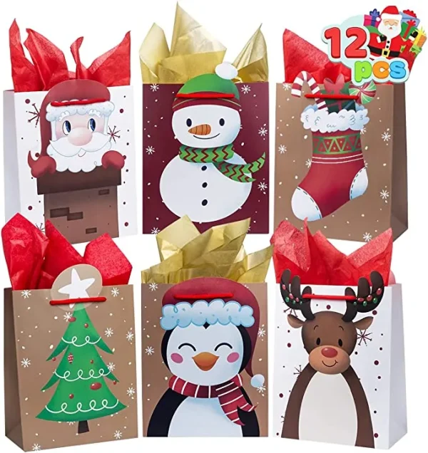 12pcs Christmas Reusable Kraft Paper Bag with Handle