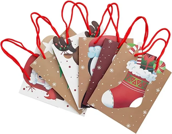 12pcs Christmas Reusable Kraft Paper Bag with Handle