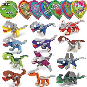 Valentine Heart Boxes with Dinosaur Building Blocks, 12 Pack