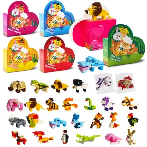 24Pcs Valentines Heart Boxes Filled with Cute Animal Building Blocks for Kids Valentines Cards