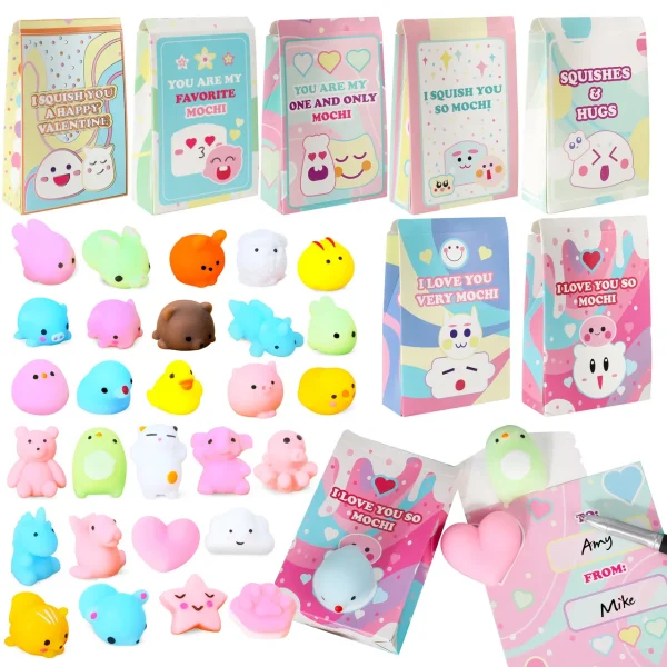 28 Pack Valentine Mochi Squishy Toys with Party Favor Bag for Kids Classroom Gift Exchange