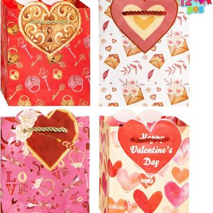 Valentine‚Äôs Day Red Pink Kraft Paper Gift Bags with Handles, 12 Pcs