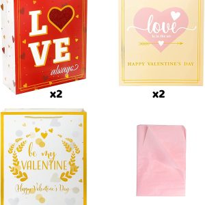 Valentine’s Day Super Large Gift Bags with Tissue Papers, 6 Pcs