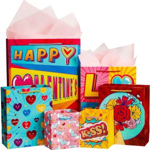 Assorted Size Valentine’s Gift Bags with Tissue Papers, 12 Pcs