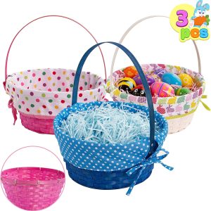 Easter Bamboo Basket with Polka Dots Lining, 3 Pcs