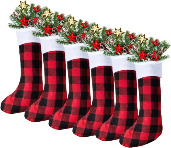 6pcs Christmas Red And Black Buffalo Plaid Stockings 18in