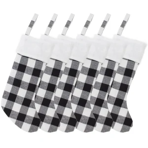 6pcs Plaid Black and White Christmas Knit Stockings 18in