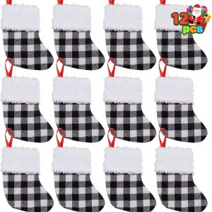5″ White Black Buffalo Plaid Christmas Stockings, 12 Pack