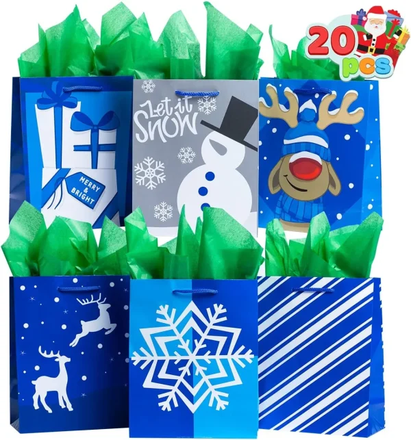 20pcs Christmas Blue Paper Gift Bags with Handles