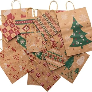 12pcs Reusable Kraft Paper Christmas Gift Bags with Handle