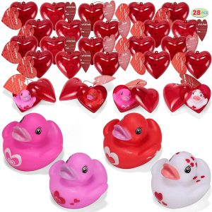 28 Pcs Valentines Day Prefilled Hearts with Rubber Ducks for Kids