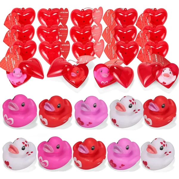 28Pcs Prefilled Hearts with Rubber Ducks and Valentines Day Cards for Kids-Classroom Exchange Gifts