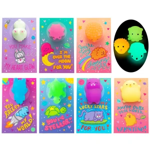 28Pcs Glow in the Dark Squishy Toys with Valentines Day Cards for Kids-Classroom Exchange Gifts
