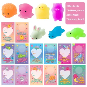 28Pcs Glow in the Dark Squishy Toys with Valentines Day Cards for Kids-Classroom Exchange Gifts