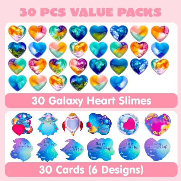 28Pcs Heart-Shaped Cosmic Realm Valentines Slime with Kids Valentines Cards