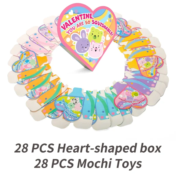 28Pcs Mochi Squishy Toys Boxed with Kids Valentines Cards
