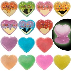 28Pcs Multicolor Glow in the Dark Slime Heart Cases and Stickers