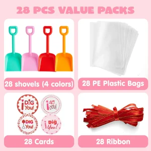 28Pcs Plastic Shovels with Valentines Day Cards for Kids-Classroom Exchange Gifts