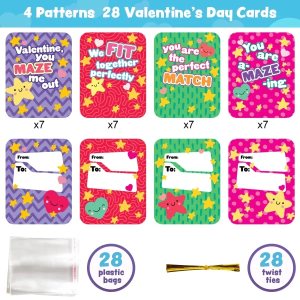 28Pcs Wacky Tracks with Kids Valentines Cards for Classroom Exchange Gifts