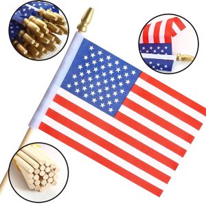 10″ American Flags with Handheld Wooden Sticks, 24 Pcs