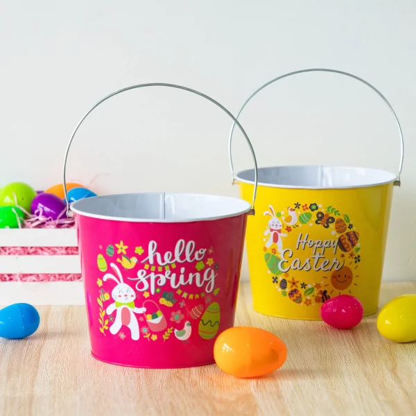2Pcs Large Easter Metal Bucket with Handles 6.5in