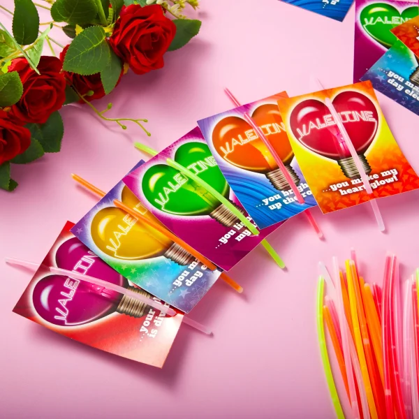 36 Packs Neon Valentines Day Gift Cards with Glow Stick Bracelets for Classroom Exchange Cards
