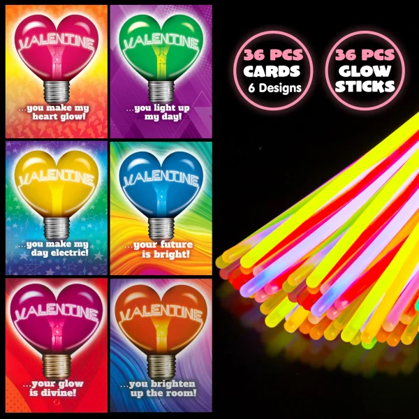 36 Packs Neon Valentines Day Gift Cards with Glow Stick Bracelets for Classroom Exchange Cards