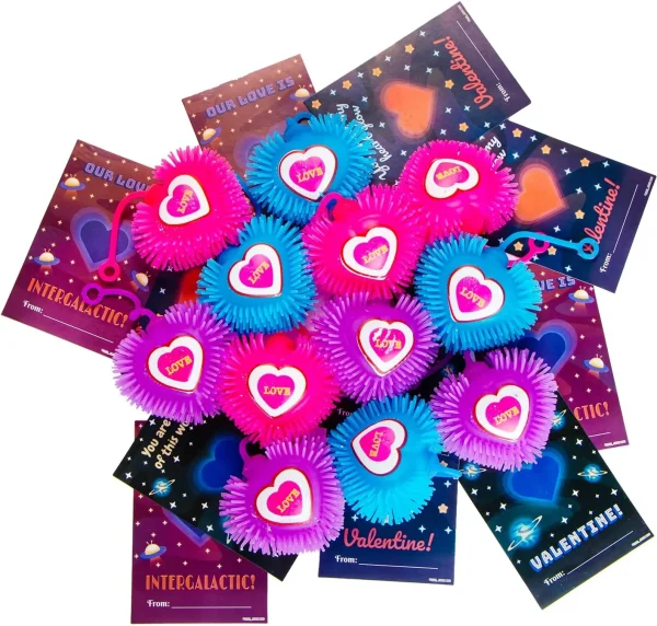 12Pcs LED Puffer Hearts  Toys with Valentines Day Cards for Kids-Classroom Exchange Gifts