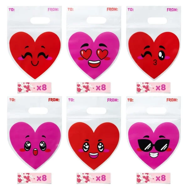 48Pcs Valentine Cellophane Bags with Hearts Design