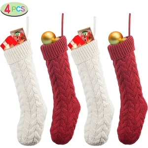 4pcs Red and White Christmas Knit Stockings 18in
