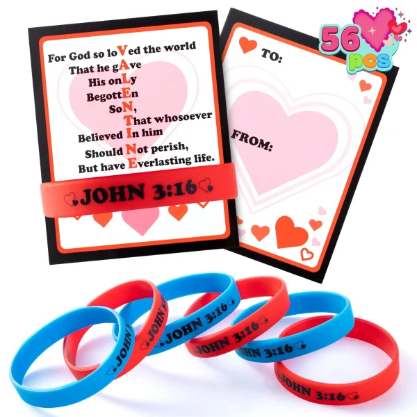 56Pcs John 3:16 Rubber Bracelet with Valentines Day Cards for Kids