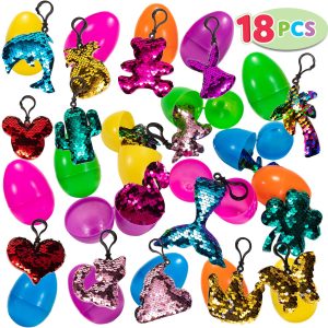 18 Pcs Prefilled Easter Egg With Sequin Keychains