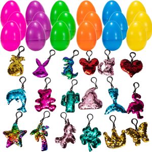 18 Pcs Prefilled Easter Egg With Sequin Keychains