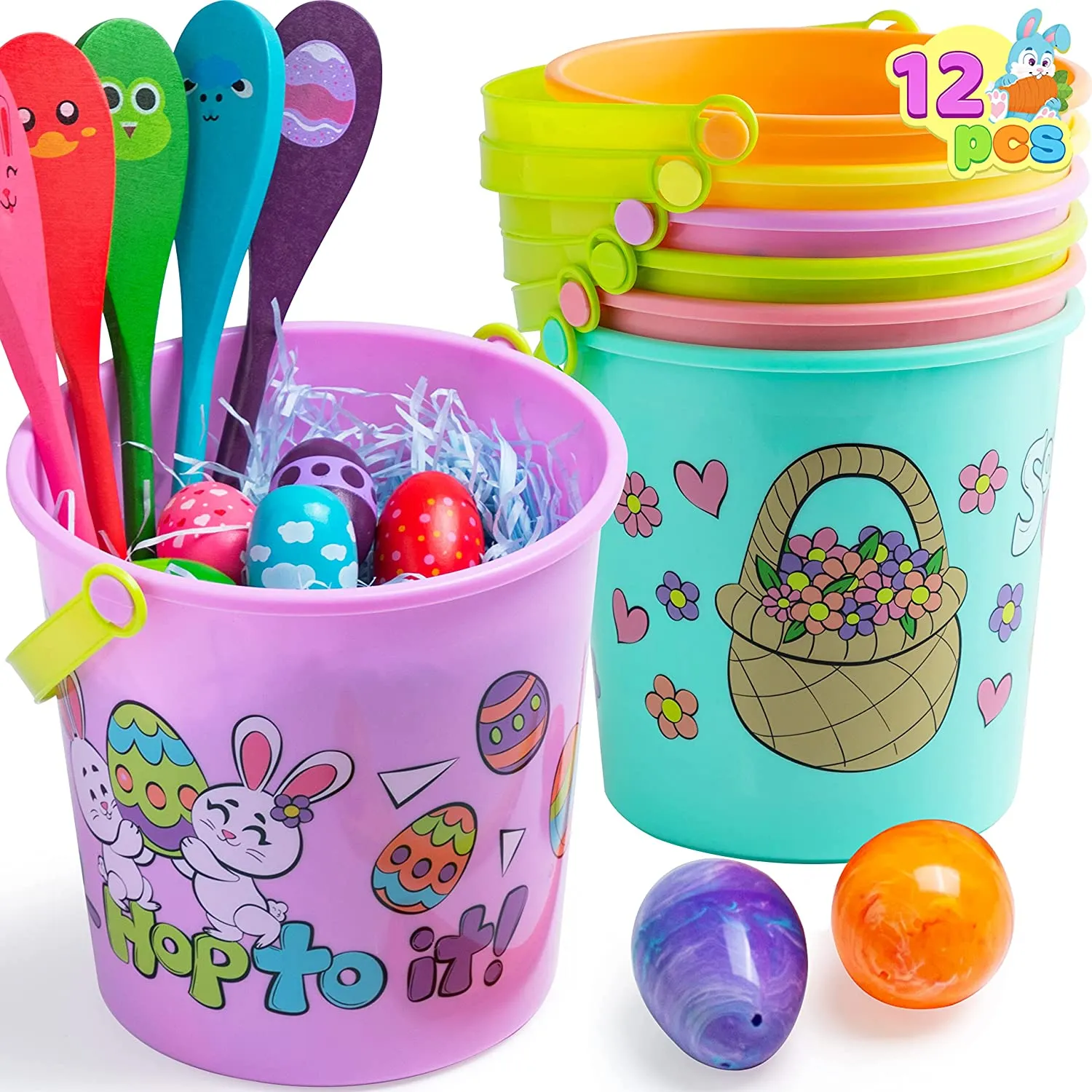 Adorable 6pcs Easter Plastic Buckets with Handles 7in x 7in